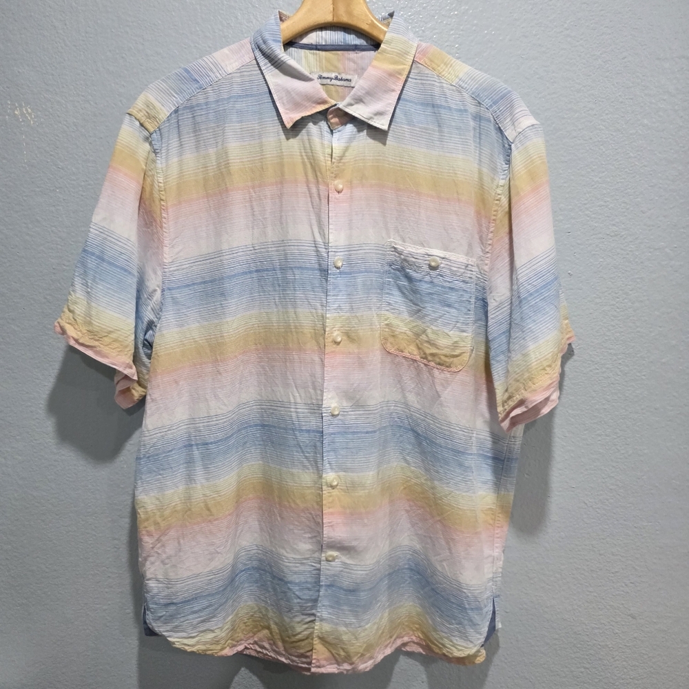 Tommy Bahama Mens Button Down Camp Shirt Short Sleeve Pastel Stripe Size XL. - Picture 1 of 9